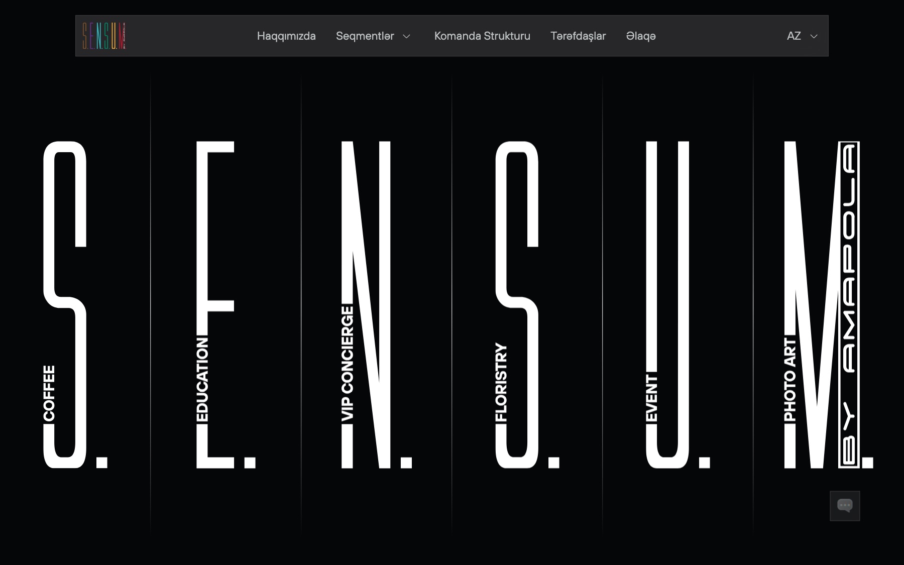 the sensum home page, the brand name set in tall condensed letters across six columns, each labelled with a segment of the business from coffee to photo art