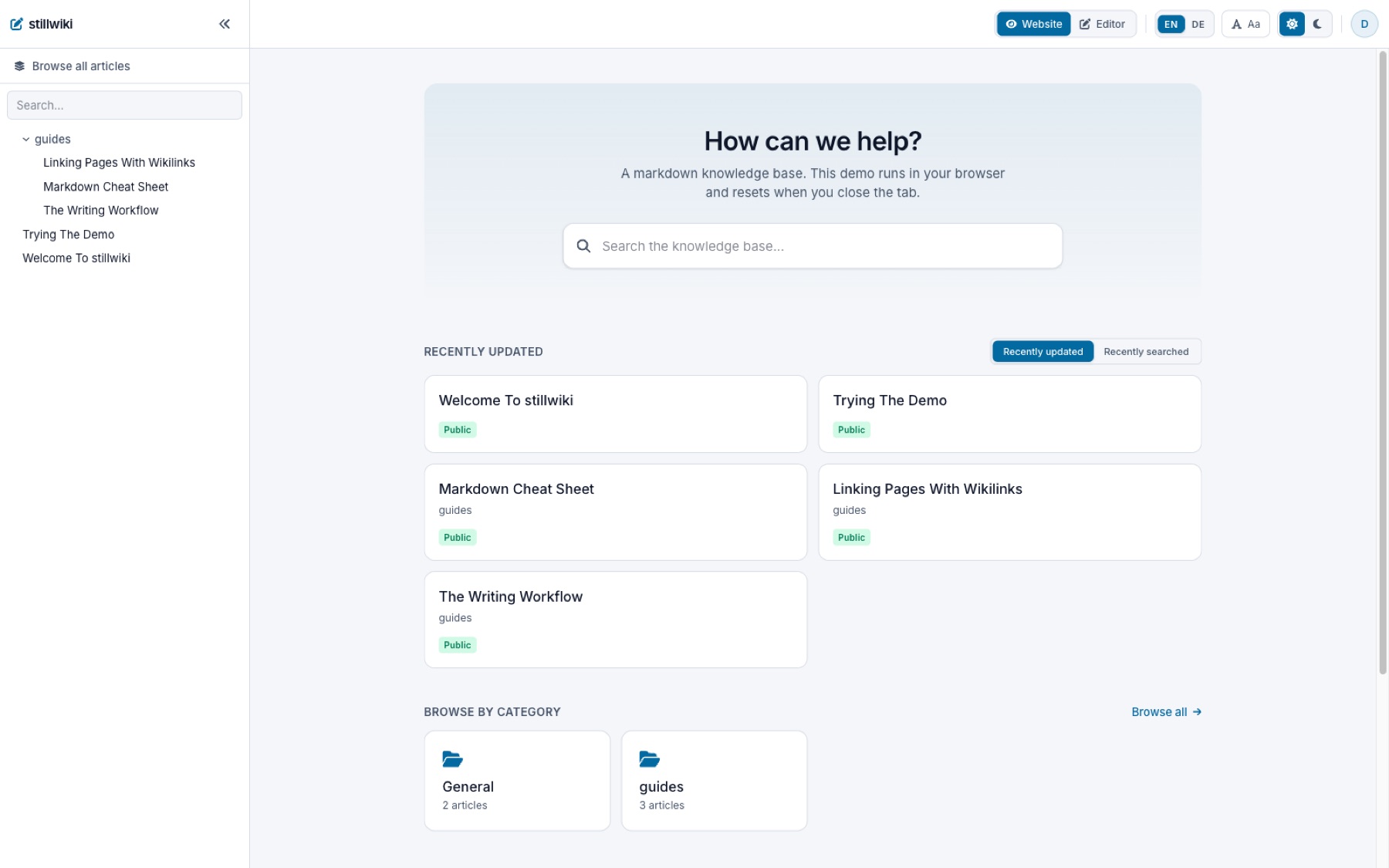 the stillwiki demo home page, a search hero over recently updated articles and folders, with the article tree in the sidebar